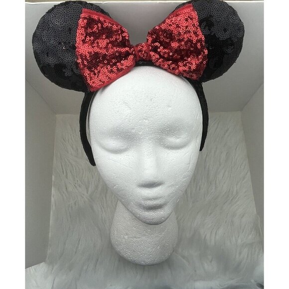 Disney Parks Black Flat Sequins Red Sequins Bow Minnie Mouse Ears Headband OSFM - Picture 1 of 14